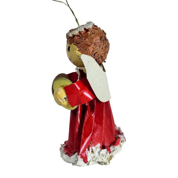 Paper Mâché Vintage Red Angel with Symbols 4” Christmas Tree Ornament - Picture 4 of 7